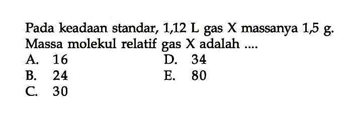 Pada keadaan standar, 1,12  L  gas X massanya 1,5 g. Massa molekul relatif gas  X  adalah ....