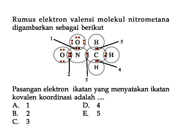 Rumus elektron valensi molekul nitrometana digambarkan sebagai berikut O N O C H H H Pasangan elektron ikatan yang menyatakan ikatan kovalen koordinasi adalah ....