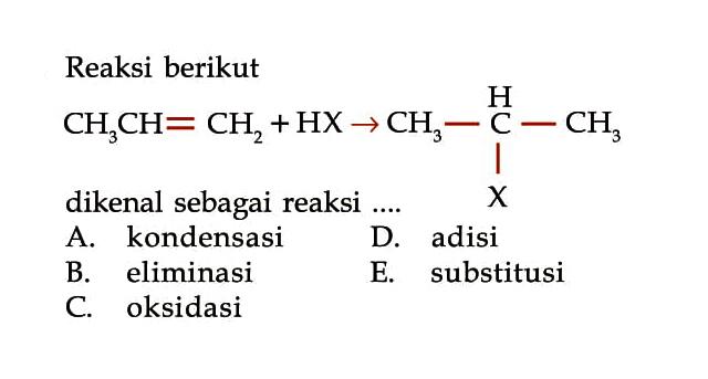 Reaksi berikut CH3CH = CH2 + HX -> CH3 - CH - X - CH3 dikenal sebagai reaksi ...