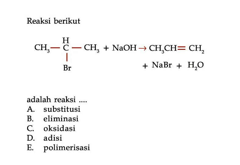 Reaksi berikut CH3 - CH - Br - CH3 + NaOH -> CH3CH = CH2 + NaBr + H2O adalah reaksi ....