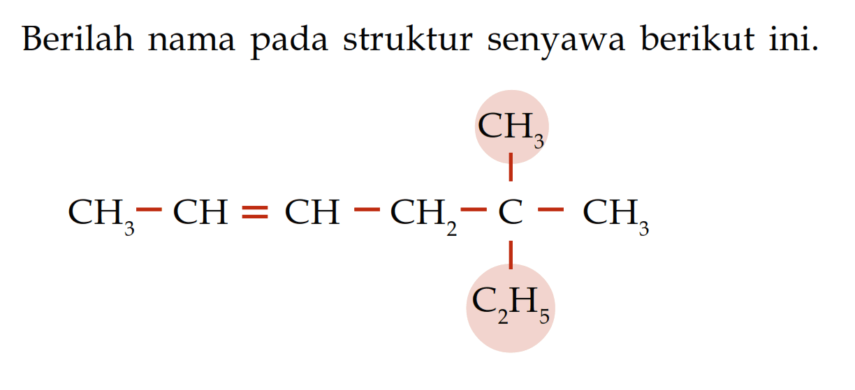 Berilah nama pada struktur senyawa berikut ini. CH3 CH3 - CH = CH - CH2 - C - CH3 C2H5