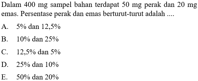 Dalam  400 mg  sampel bahan terdapat 50 mg perak dan 20 mg emas. Persentase perak dan emas berturut-turut adalah ....
