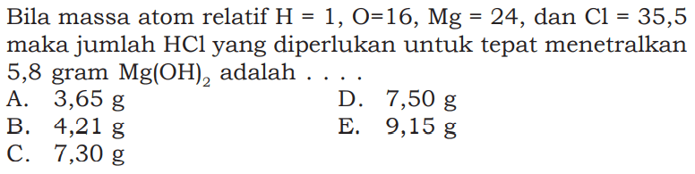 Bila massa atom relatif H=1, O=16, Mg=24, dan Cl=35,5 maka jumlah HCl yang diperlukan untuk tepat menetralkan 5,8 gram Mg(OH)2 adalah.... 