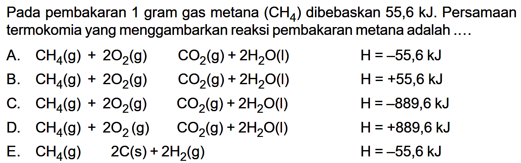 Pada pembakaran 1 gram gas metana  (CH4)  dibebaskan 55,6 kJ. Persamaan termokomia yang menggambarkan reaksi pembakaran metana adalah....A.   CH4(g)+2O2(g)  CO2(g)+2H2O(l)  H=-55,6 kJ    B.   CH4(g)+2O2(g)  CO2(g)+2H2O(l)  H=+55,6 kJ    C.   CH4(g)+2O2(g)  CO2(g)+2H2O(l)  H=-889,6 kJ    D.   CH4(g)+2O2(g)  CO2(g)+2H2O(l)  H=+889,6 kJ    E.   CH4(g)  2C(s)+2H2(g)  H=-55,6 kJ 