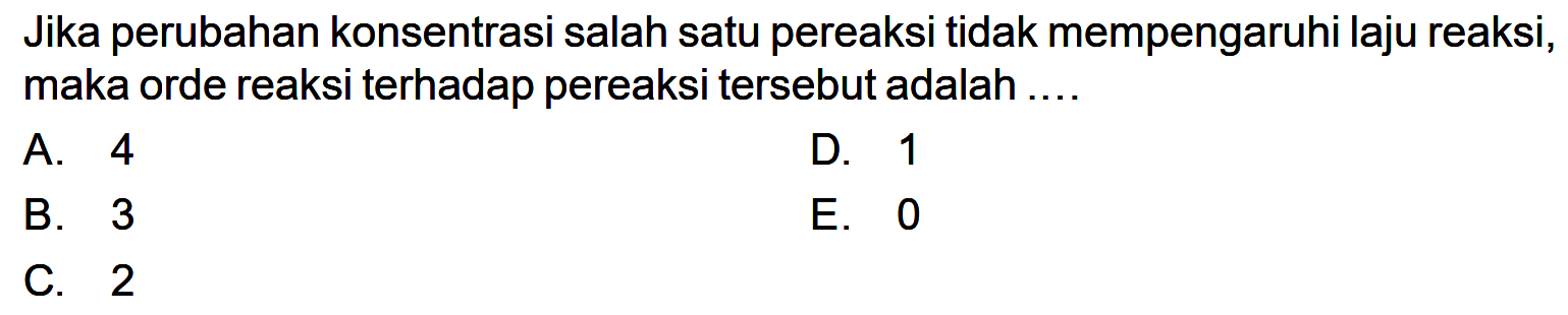 Jika perubahan konsentrasi salah satu pereaksi tidak mempengaruhi laju reaksi, maka orde reaksi terhadap pereaksi tersebut adalah