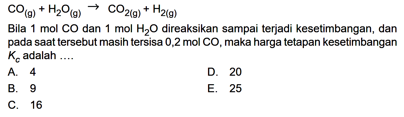  CO(g)+H2O(g ->CO2(g)+H2(g) Bila  1 mol CO  dan  1 mol H2O  direaksikan sampai terjadi kesetimbangan, dan pada saat tersebut masih tersisa 0,2 mol CO, maka harga tetapan kesetimbangan  Kc  adalah .... 