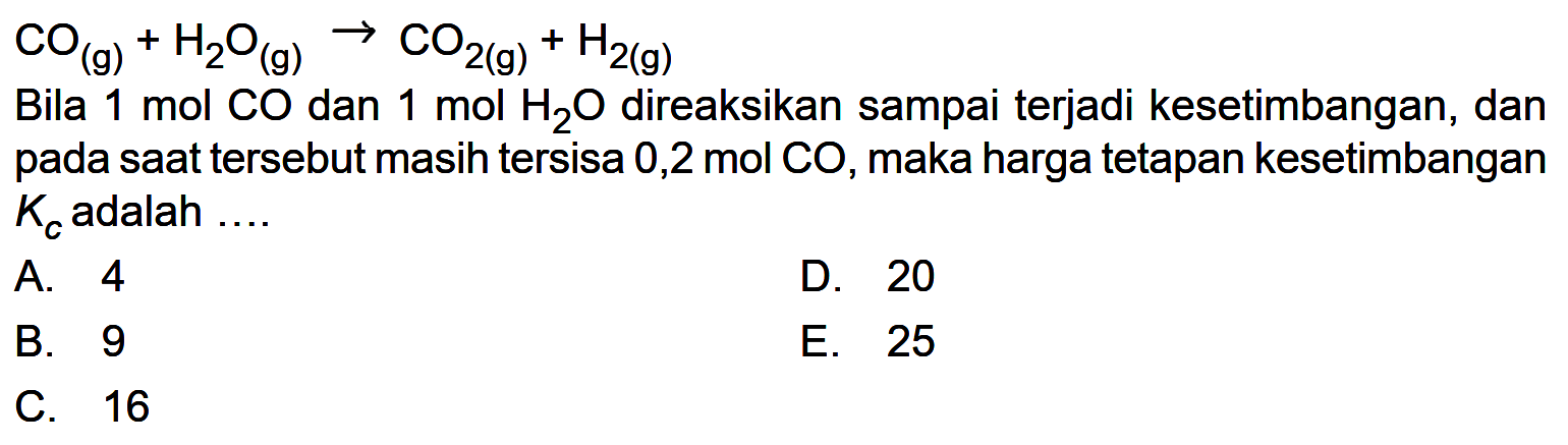 CO(g) + H2O(g) -> CO2(g) + H2(g) 
Bila 1 mol CO dan 1 mol H2O direaksikan sampai terjadi kesetimbangan, dan pada saat tersebut masih tersisa 0,2 mol CO, maka harga tetapan kesetimbangan  Kc  adalah .... 
