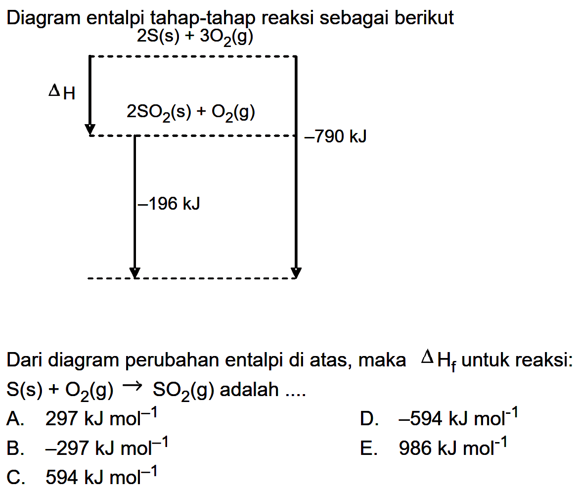 Diagram entalpi tahap-tahap reaksi sebagai berikut  2S(s) + 3O2(g) delta H 2SO2(g) + O2(g) -790kJ -196kJ Dari diagram perubahan entalpi di atas, maka  segitiga Hf  untuk reaksi:  S(s)+O2(g) -> SO2(g)  adalah  ... . 