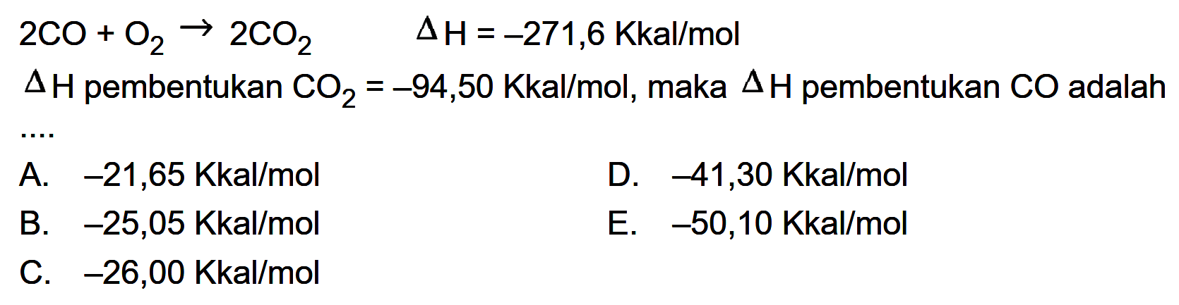 2 CO + O2 - > 2 CO2 delta H=-271,6 Kkal/mol delta H pembentukan CO2=-94,50 Kkal/mol, maka delta H pembentukan CO adalah
...