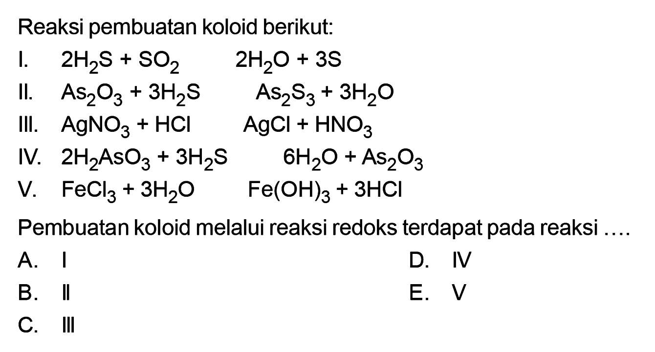 Reaksi pembuatan koloid berikut: 
I. 2 H2s + SO2 -> 2 H2O + 3 S
II. As2O3 + 3 H2S -> As2S3 + 3 H2O 
III. AgNO3 + HCl -> AgCl + HNO3 
IV. 2 H2AsO3 + 3 H2S -> 6H2O + As2O3 
V. FeCl3 + 3 H2O -> Fe(OH)3 + 3 HCl 
Pembuatan koloid melalui reaksi redoks terdapat pada reaksi
A. I 
B. II 
C. III 
D. IV 
E. V