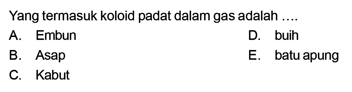 Yang termasuk koloid padat dalam gas adalah ....A. Embun
D. buih
B. Asap
E. batu apung
C. Kabut