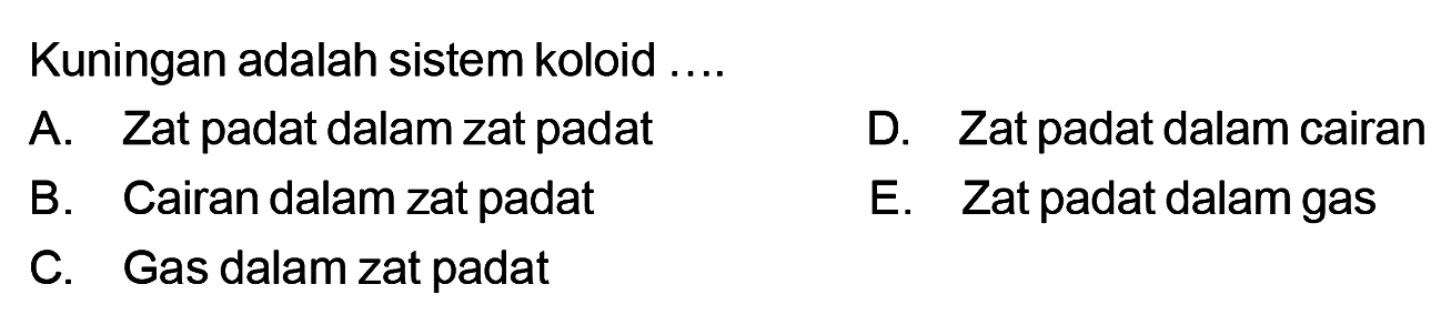 Kuningan adalah sistem koloid .... A. Zat padat dalam zat padat D. Zat padat dalam cairan B. Cairan dalam zat padat E. Zat padat dalam gas C. Gas dalam zat padat