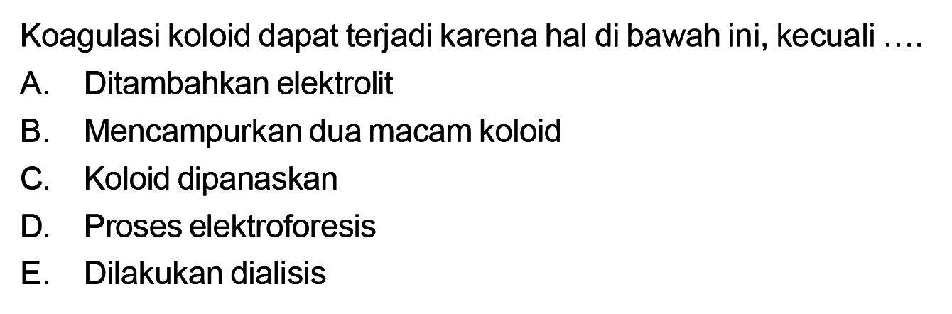 Koagulasi koloid dapat terjadi karena hal di bawah ini, kecuali .... A. Ditambahkan elektrolit B. Mencampurkan dua macam koloid C. Koloid dipanaskan D. Proses elektroforesis E. Dilakukan dialisis