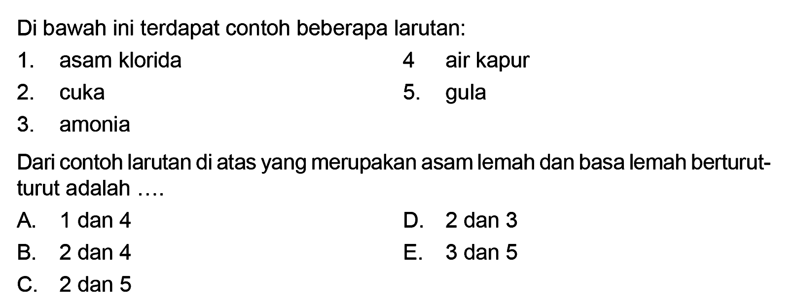 Di bawah ini terdapat contoh beberapa larutan:1. asam klorida 4 air kapur 2. cuka 5. gula 3. amonia Dari contoh larutan di atas yang merupakan asam lemah dan basa lemah berturut-turut adalah .... A. 1 dan 4 D. 2 dan 3 B. 2 dan 4 E. 3 dan 5 C. 2 dan 5 