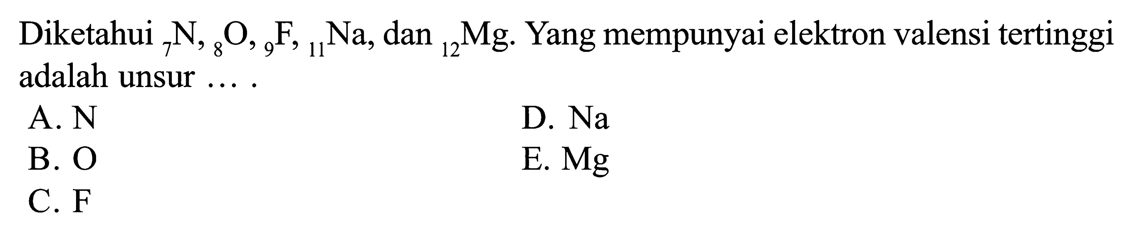 Diketahui 7N, 8O, 9F, 11Na dan 12Mg. Yang mempunyai elektron valensi tertinggi adalah unsur ....