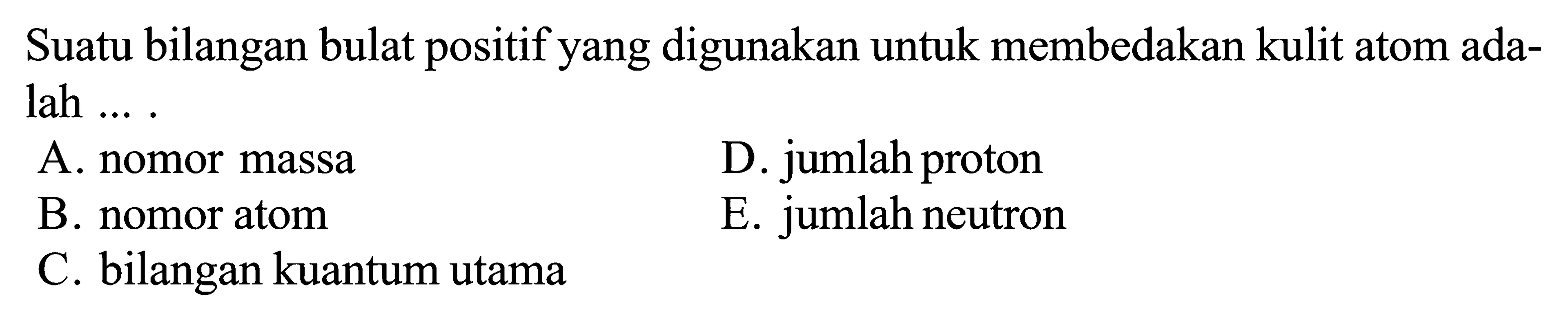 Suatu bilangan bulat positif yang digunakan untuk membedakan kulit atom ada- lah ... .