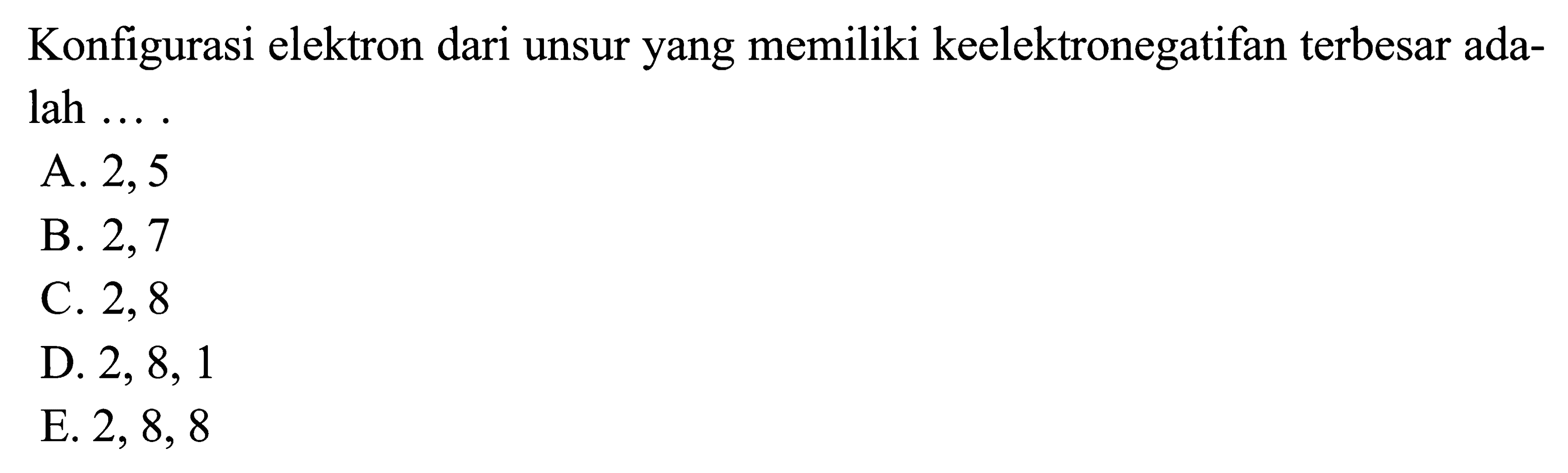 Konfigurasi elektron dari unsur yang memiliki keelektronegatifan terbesar adalah ....