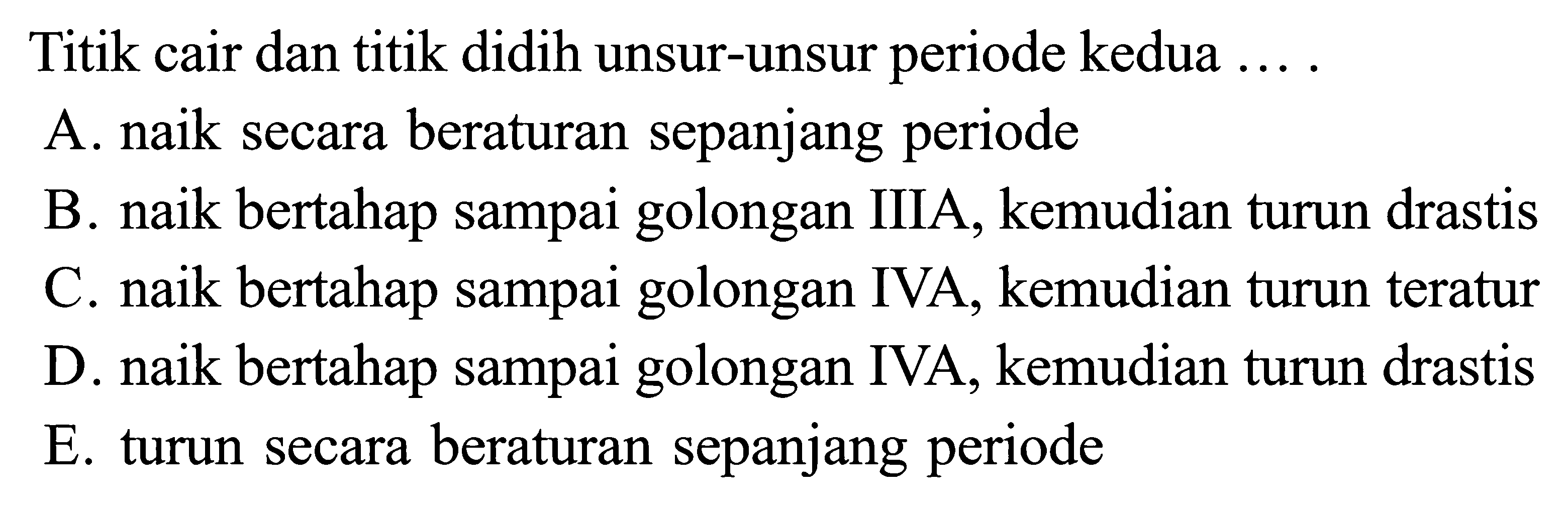 Titik cair dan titik didih unsur-unsur periode kedua ....