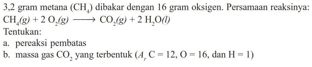 3,2 gram metana (CH4) dibakar dengan 16 gram oksigen. Persamaan reaksinya: CH4(g)+2O2(g)->CO2(g)+2H2O(l) Tentukan: a. pereaksi pembatas b. massa gas CO2 yang terbentuk (Ar C=12, O=16, dan H=1