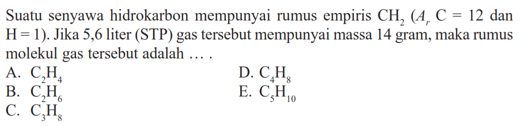 Suatu senyawa hidrokarbon mempunyai rumus empiris CH2 (Ar C=12 dan H=1). Jika 5,6 liter (STP) gas tersebut mempunyai massa 14 gram, maka rumus molekul gas tersebut adalah .... 