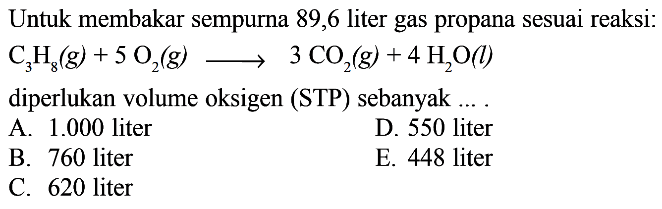 Untuk membakar sempurna 89,6 liter gas propana sesuai reaksi: C3H8(g)+5O2(g)->3CO2(g)+4H2O(l) diperlukan volume oksigen (STP) sebanyak...