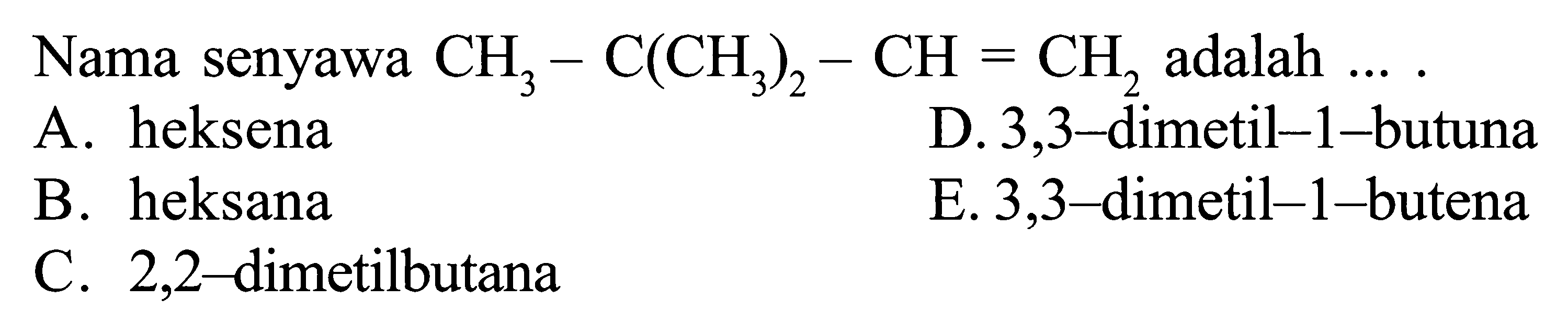 Nama senyawa CH3 - C(CH3)2 - CH = CH2 adalah ....