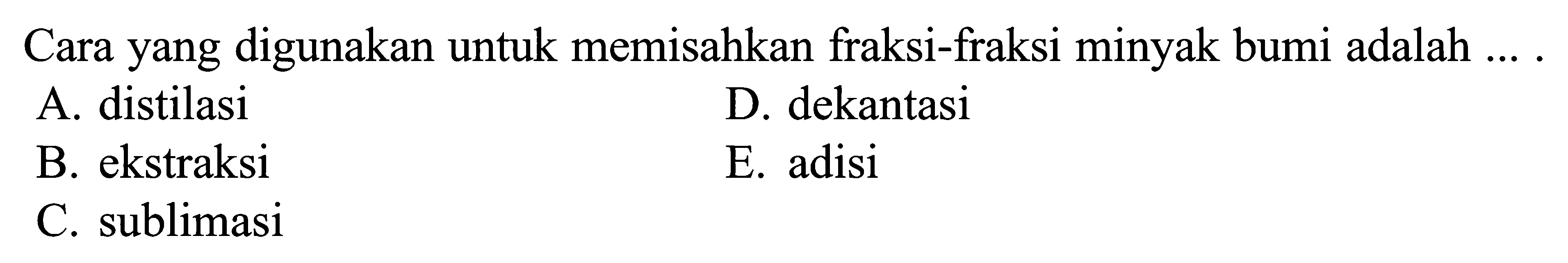 Cara yang digunakan untuk memisahkan fraksi-fraksi minyak bumi adalah ...