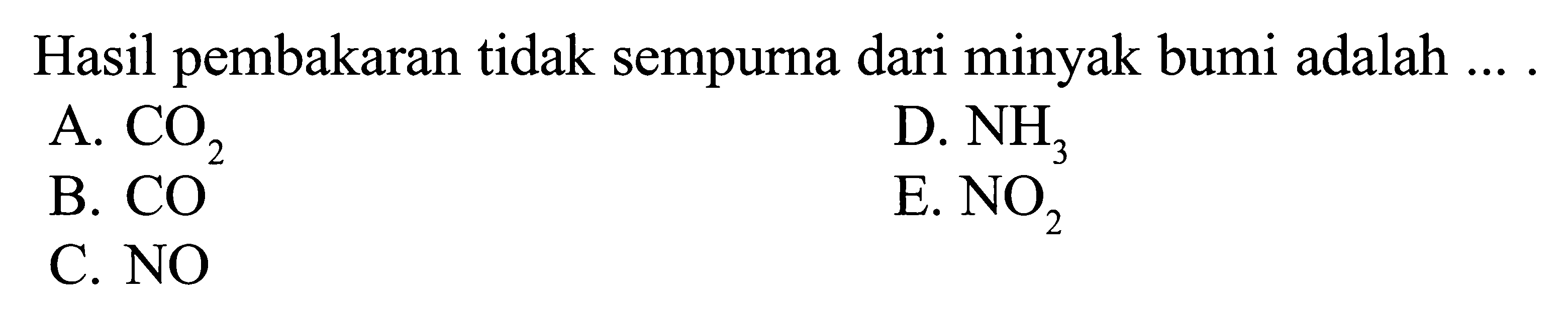 Hasil pembakaran tidak sempurna dari minyak bumi adalah ...