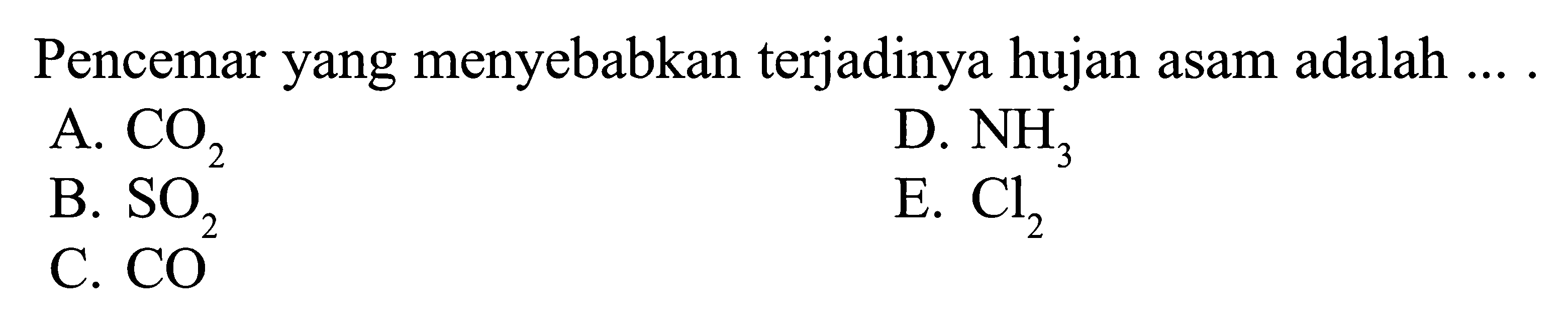 Pencemar yang menyebabkan terjadinya hujan asam adalah ...