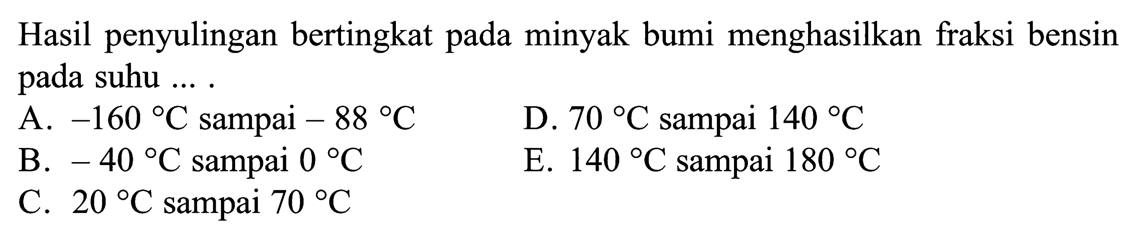 Hasil penyulingan bertingkat pada minyak bumi menghasilkan fraksi bensin pada suhu ... .