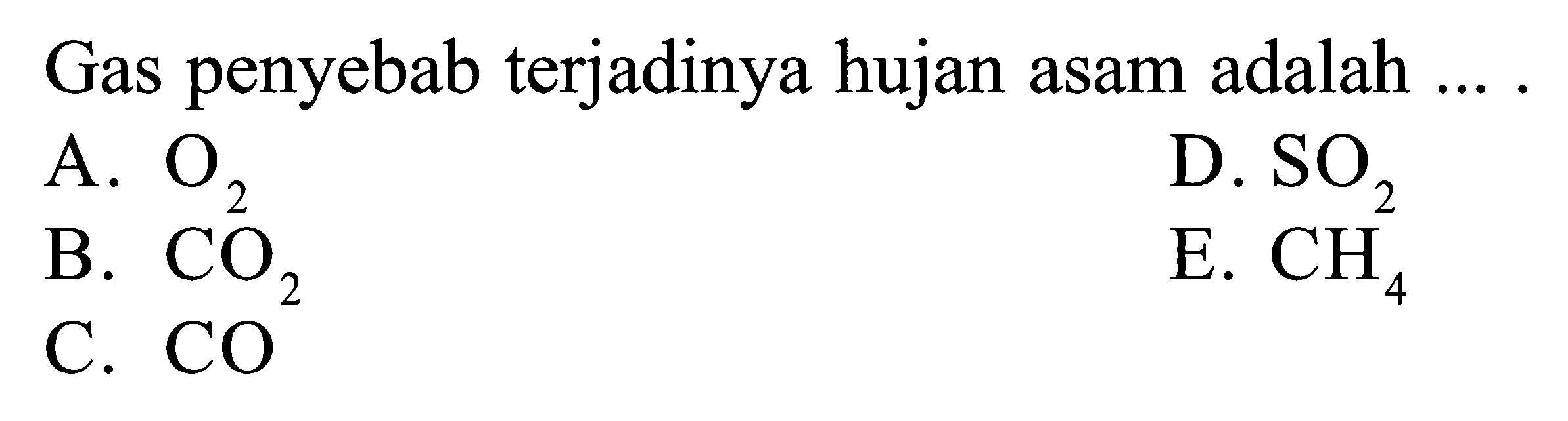 Gas penyebab terjadinya hujan asam adalah ....