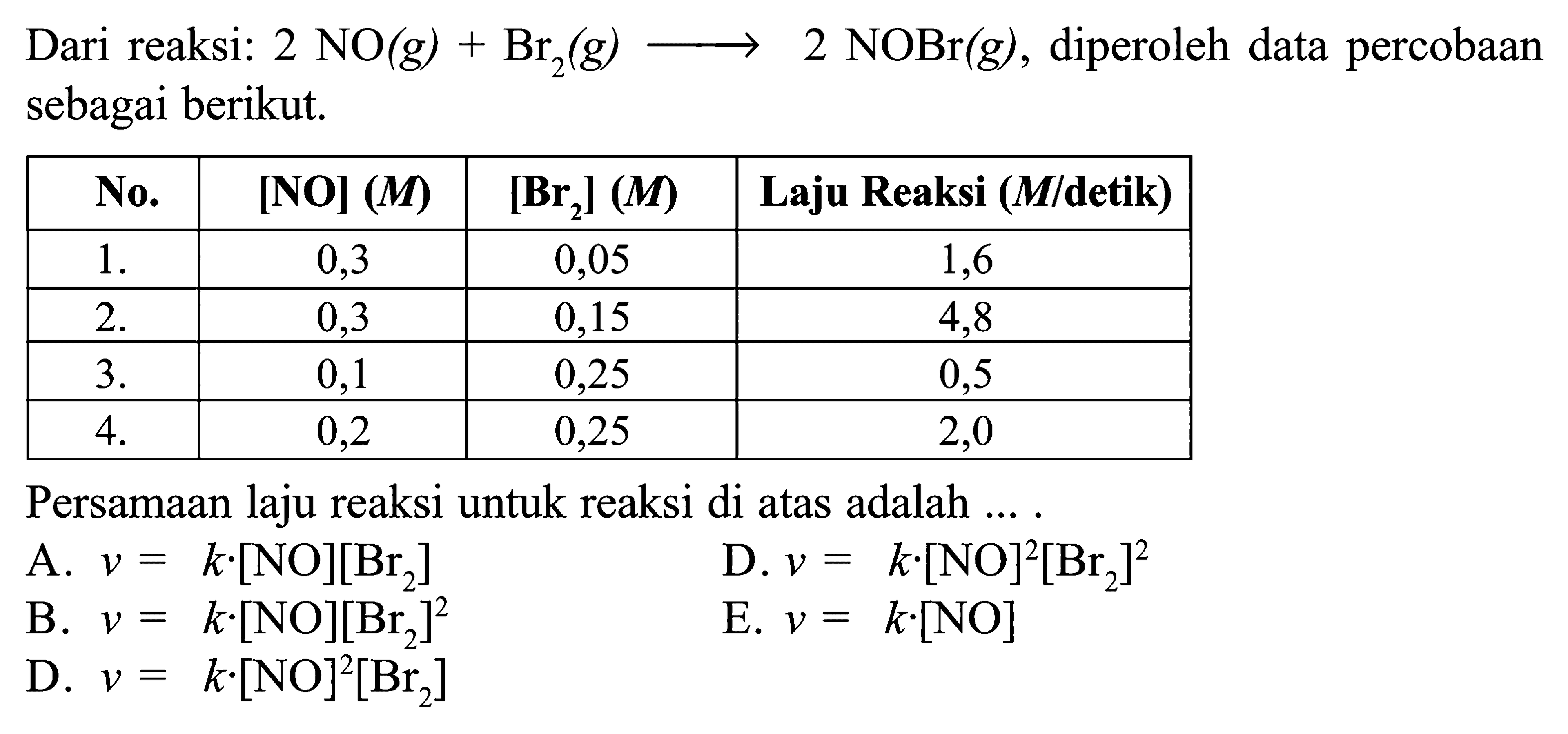 Dari reaksi:  2NO(g)+Br2(g) --->2NOBr(g), diperoleh data percobaan sebagai berikut. No.   [NO] (M)    [Br2] (M)   Laju Reaksi (M/detik)   1 .         0,3             0,05                       1,6   2 .         0,3             0,15                       4,8   3 .         0,1             0,25                       0,5   4 .         0,2             0,25                       2,0 Persamaan laju reaksi untuk reaksi di atas adalah ... .