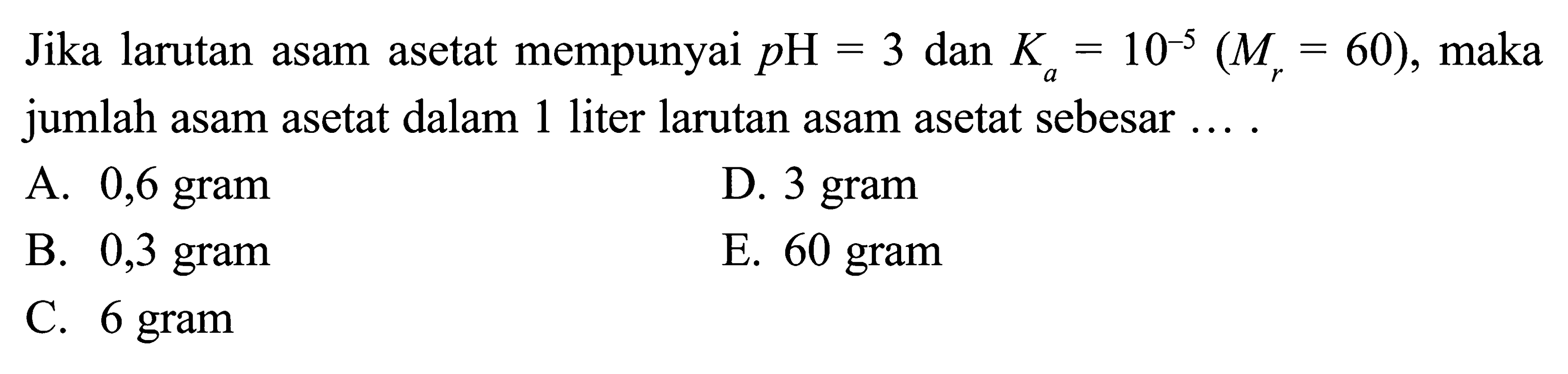 Jika larutan asam asetat mempunyai  p H=3  dan  Ka=10^-5(Mr=60) , maka jumlah asam asetat dalam 1 liter larutan asam asetat sebesar ....