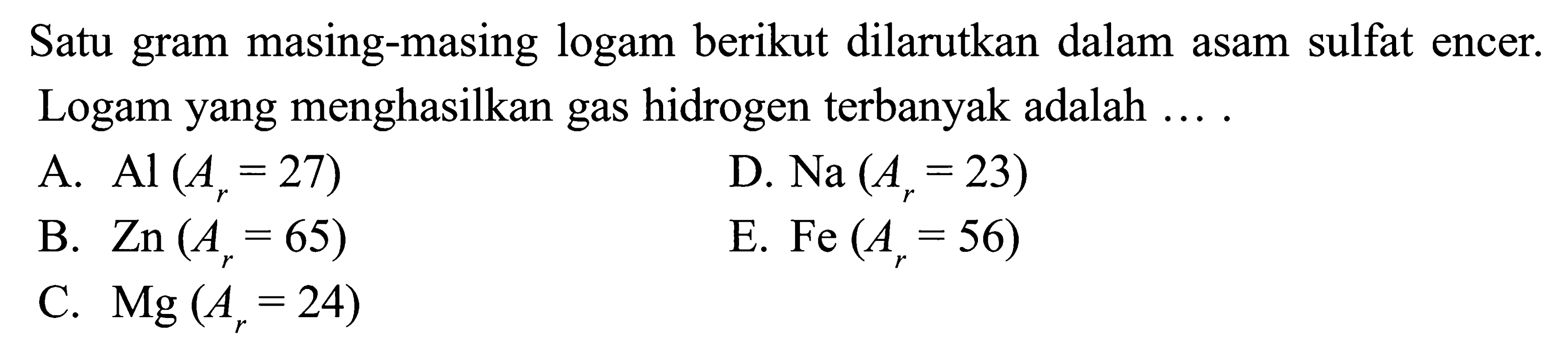 Satu gram masing-masing logam berikut dilarutkan dalam asam sulfat encer. Logam yang menghasilkan gas hidrogen terbanyak adalah ....