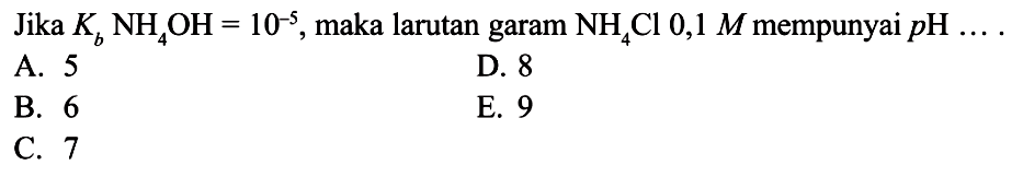 Jika Kb NH4OH=10^-5, maka larutan garam NH4Cl 0,1 M mempunyai pH ... A. 5 B. 6 C. 7 D. 8 E. 9