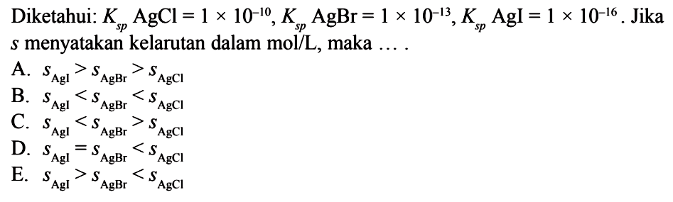 Diketahui: Ksp AgCl=1x10^(-10), Ksp AgBr=1x10^(-13), Ksp AgI=1x10^(-16). Jika s menyatakan kelarutan dalam mol/L, maka ...