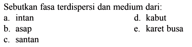 Sebutkan fasa terdispersi dan medium dari: 
a. intan 
d. kabut 
b. asap 
e. karet busa 
c. santan 