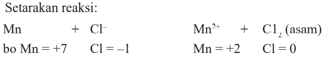 Setarakan reaksi: Mn + CL^- Mn^2+ + Cl2 (asam) bo Mn =+7 Cl =-1 Mn =+2 Cl = 0