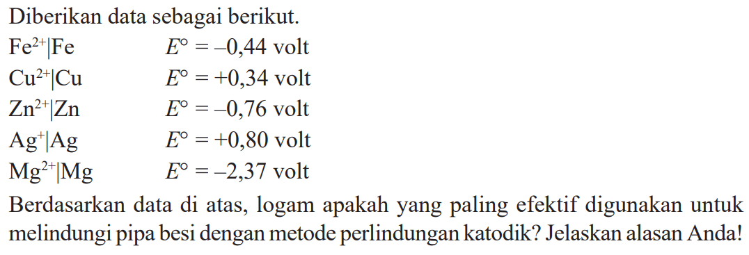 Diberikan data sebagai berikut. Fe^(2+) | Fe E = -0,44 volt Cu^(2+) | Cu E = +0,34 volt Zn^(2+) | Zn E = -0,76 volt Ag^+ | Ag E = +0,80 volt Mg^(2+) | Mg E = -2,37 volt Berdasarkan data di atas, logam apakah yang paling efektif digunakan untuk melindungi pipa besi dengan metode perlindungan katodik? Jelaskan alasan Anda!