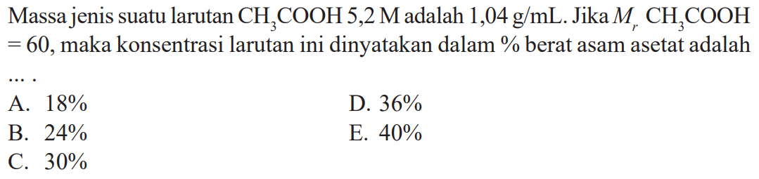 Massa jenis suatu larutan CH3COOH 5,2 M adalah 1,04 g/mL. Jika Mr CH3COOH = 60, maka konsentrasi larutan ini dinyatakan dalam % berat asam asetat adalah ....