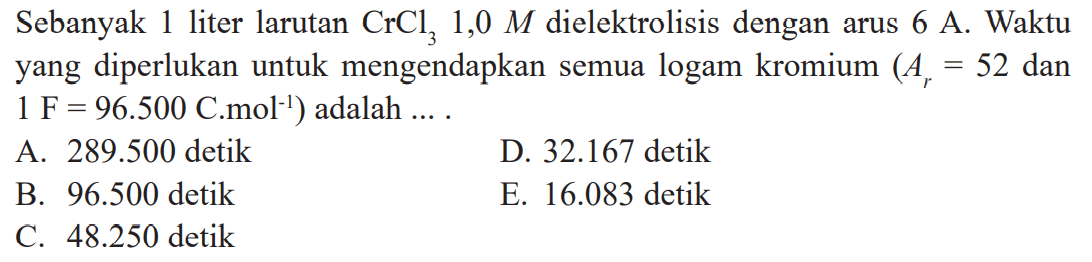 Sebanyak 1 liter larutan CrCl3 1,0 M dielektrolisis dengan arus 6 A. Waktu yang diperlukan untuk mengendapkan semua logam kromium (Ar = 52 dan 1 F = 96.500 C.mol^(-1)) adalah .....