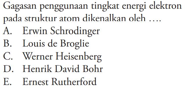Gagasan penggunaan tingkat energi elektron pada struktur atom dikenalkan oleh ....
