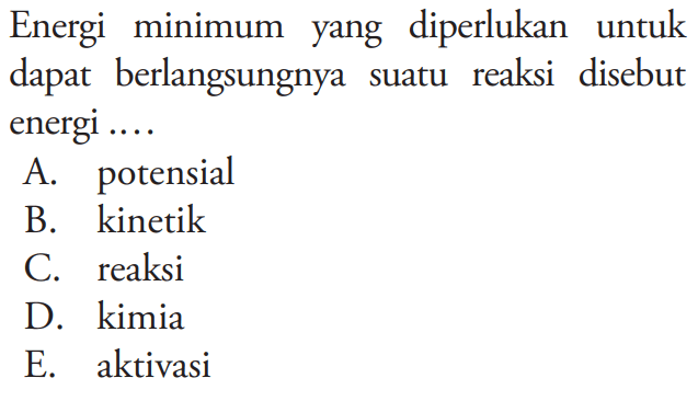 Energi minimum yang diperlukan untuk dapat berlangsungnya suatu reaksi disebut energi ....