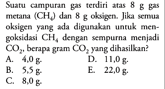 Suatu campuran gas terdiri atas  8 g  gas metana  (CH4)  dan  8 g  oksigen. Jika semua oksigen yang ada digunakan untuk mengoksidasi  CH4  dengan sempurna menjadi  CO2 , berapa gram  CO2  yang dihasilkan?