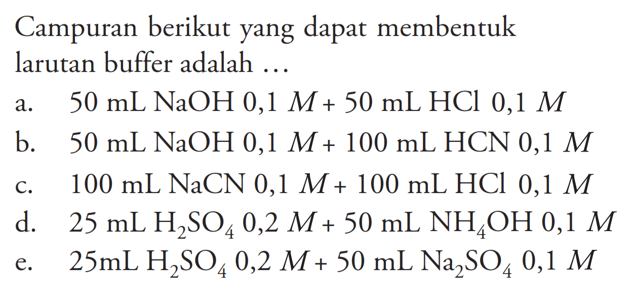 Campuran berikut yang dapat membentuk larutan buffer adalah ...
a.  50 mL NaOH 0,1 M+50 mL HCl 0,1 M 
b.  50 mL NaOH 0,1 M+100 mL HCN 0,1 M 
c.  100 mL NaCN 0,1 M+100 mL HCl 0,1 M 
d.  25 mL H2SO4 0,2 M+50 mL NH4OH 0,1 M 
e.  25 mL H2SO4 0,2 M+50 mL Na2SO4 0,1 M 