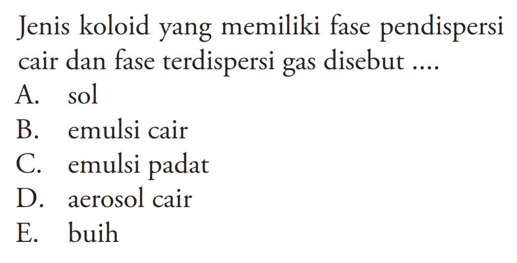 Jenis koloid yang memiliki fase pendispersi cair dan fase terdispersi gas disebut ....