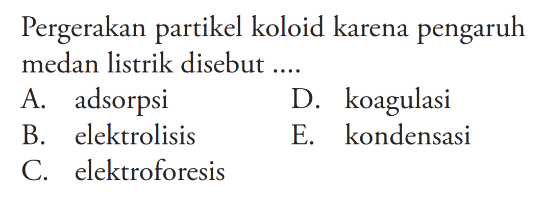 Pergerakan partikel koloid karena pengaruh medan listrik disebut....