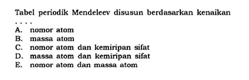 Tabel periodik Mendeleev disusun berdasarkan kenaikan  ... 
