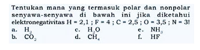 Tentukan mana yang termasuk polar dan nonpolar senyawa-senyawa di bawah ini jika diketahui elektronegativitas  H=2,1 ; F=4 ; C=2,5 ; O=3,5 ; N=3  !
a.  H2
c.  H2O 
e.  NH3 
b.  CO2 
d.  CH4 
f.  HF 