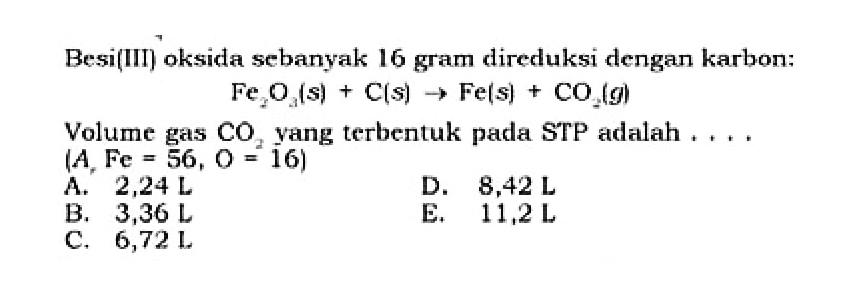 Besi(III) oksida sebanyak 16 gram direduksi dengan karbon:Fe2O3(s)+C(s)->Fe(s)+CO2(g)Volume gas  CO2  yang terbentuk pada STP adalah .... (A, Fe=56, O=16) 